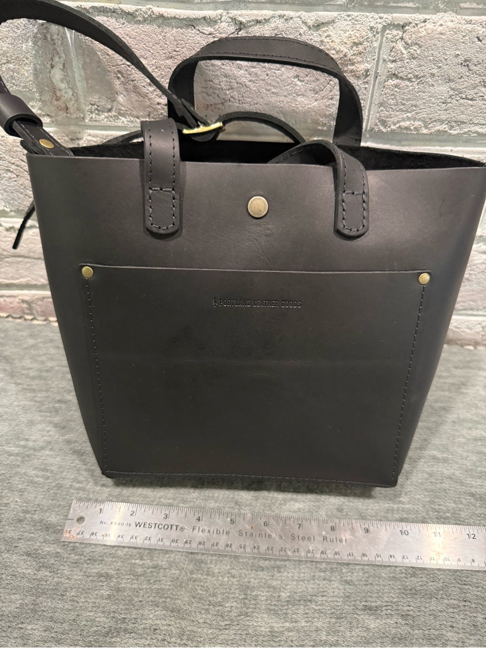 Portland Leather Black Leather Mini Crossbody Tote with Front Slip Pocket